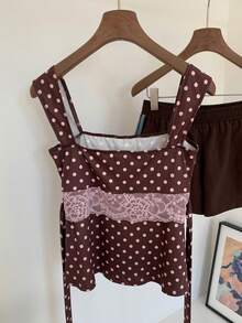 Comfortcana 2025秋冬新款时尚女装夏季撞色蕾丝波点印花宽肩带上衣，适合夏季、圣诞节、新年等各种场合，也可作为派对、沙滩、休闲度假波点上衣穿着。 - 棕色 - 查看 6