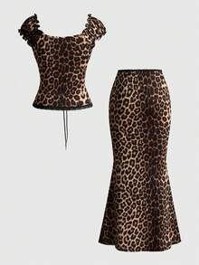 ROMWE Kawaii 两件套女士芭蕾舞鞋风格V领蝴蝶结装饰撞色波点蕾丝拼接修身上衣和半裙夏季套装 - 彩色 - 查看 2