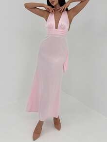 Aloruh Women's Deep V-Neck Ruched Waist Party Dress, Pink, Valentine's Day - Pink - View 6