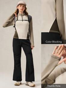 OutZeal 女士冬季保暖户外长袖T恤，适合徒步露营，保暖内衬，前半拉链，立领设计，带拇指孔 - 彩色 - 查看 4