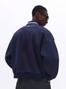 SUMWON 宽松版型四分之一拉链 Polo 衫，领口和袖口饰有滚边细节，休闲日常上衣，纯色 - 藏蓝色 - 查看 2