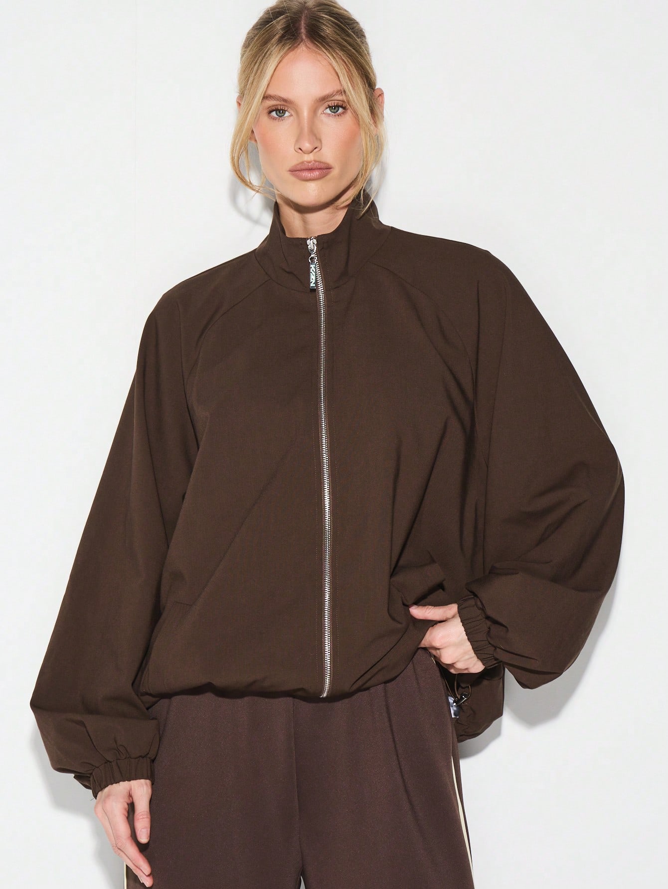 KIZN Oversized Brown Zip Up Jacket With Stand Collar