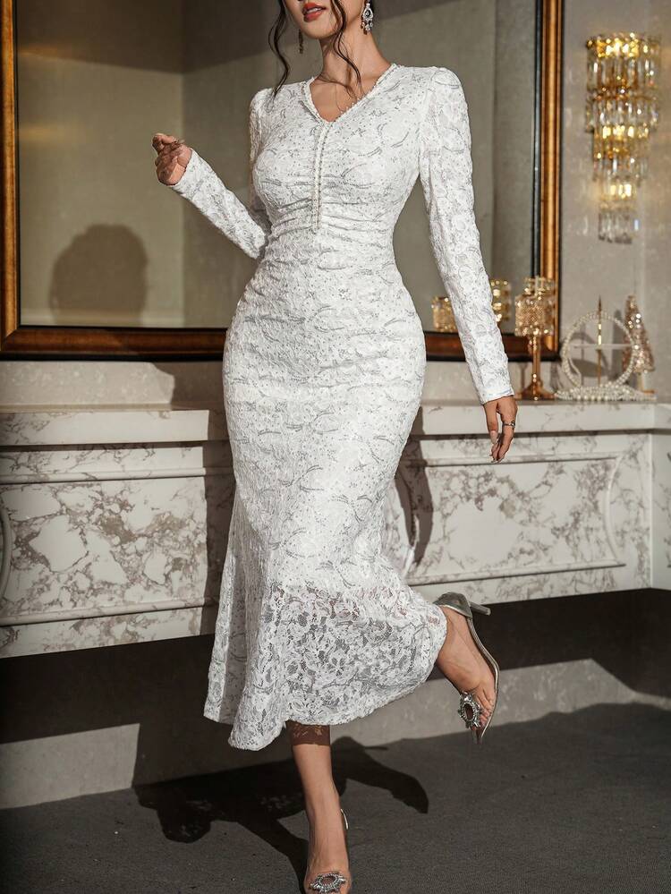Women's Elegant Party Solid Color Lace Sequin Decor Mermaid Dress Sundress