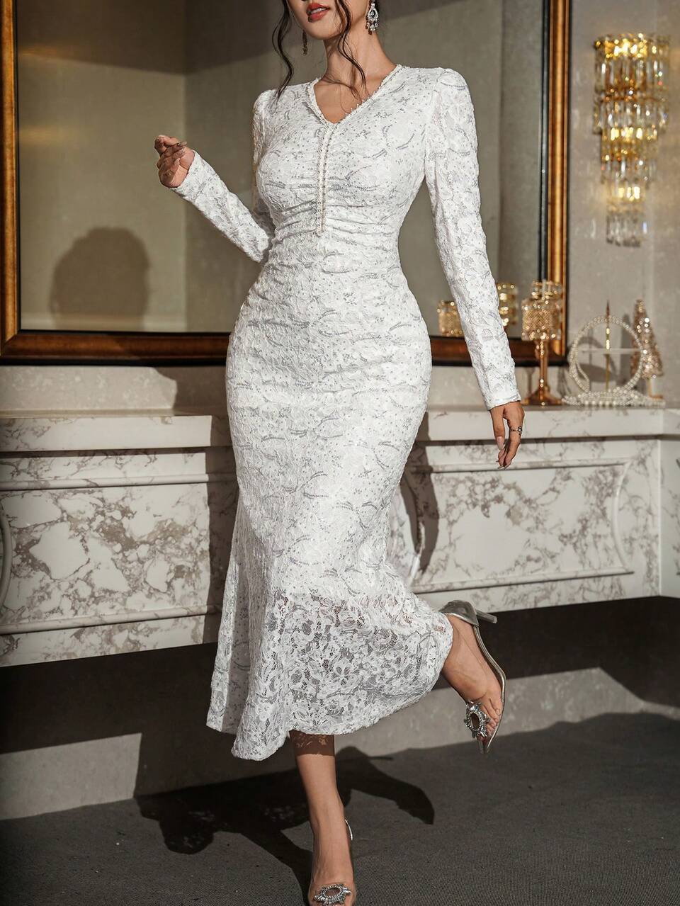 Women's Elegant Party Solid Color Lace Sequin Decor Mermaid Dress Sundress