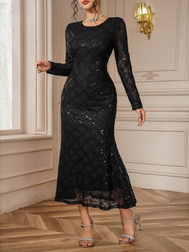 Women's Solid Color Round Neck Regular Shoulder Long Sleeve Elegant Mid-Length Dress Carnival Sparkly Dress Maxi Dress