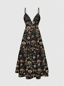 ROMWE Váy có khóa kéo họa tiết nấm, mặt trăng, ngôi sao, hoa dành cho nữ, phong cách Bohemian Gothic - màu đen - Xem 2