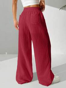 Quần vải cotton rộng rãi màu trơn thắt nút dành cho nữ - Màu Hồng Tươi - Xem 2