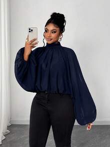 Maweii Áo cánh tay đèn lồng cổ cao màu trơn cỡ lớn thanh lịch cho nữ - Màu xanh hải quân - Xem 5