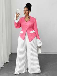 Maweii 2 pièces/Set Blazer ajusté à col en V et patchwork avec ourlet mouchoir et pantalon long plissé pour femmes, tenue de bureau élégante, grande taille