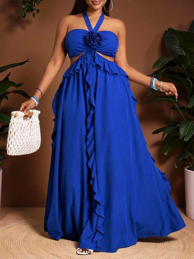 Veslaya Novo Vestido Longo Maxi Plus Size Feminino com Decote Halter, Babados na Cintura, Recortes e Costas Abertas, Estampa Floral 3D, Ideal para Praia e Viagens - Azul - Visão 1