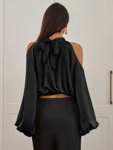 Aloruh 女士新款缎面长袖衬衫，纯色乳白色和香槟色，泡泡袖设计，优雅性感派对装，秋冬款 - 黑色 - 查看 8