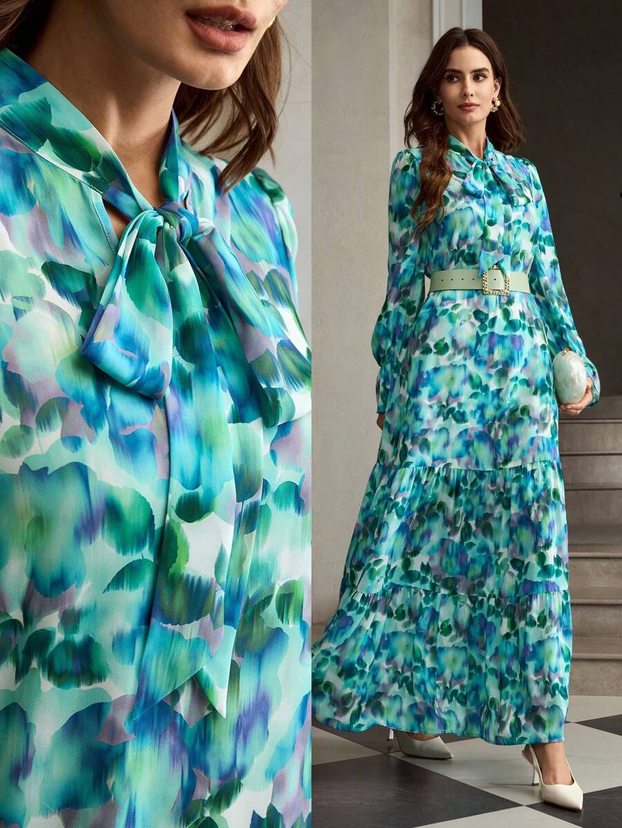 ZEYLAH French Elegant Pearl Chiffon Loose Floral Print Dress