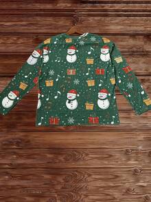SHEIN LUNE Women's Casual Christmas Snowman Gift Pattern Oversized Drop Shoulder Long Sleeve T-Shirt - Green - View 2