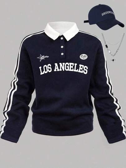 Resyla 女士复古撞色印花 Polo 领长袖运动上衣，秋季女装，姐妹款，潮流单品，时尚上衣，美式复古风上衣