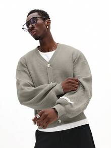 SUMWON Men's Relaxed Fit V-Neck Button Up Knitted Cardigan With Front Pockets Long Sleeve Casual Sweater - Grey - View 3