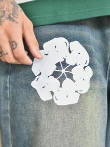 Devon Thys HEHCN 男士花卉印花口袋休闲宽松 Y2K 复古阔腿蓝色牛仔裤，Emo 风格 - 藍色 - 查看 3