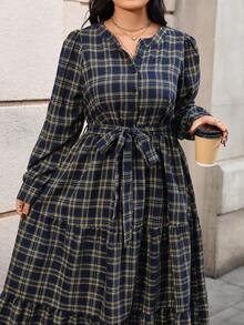 SHEIN 复古花卉格纹圆领泡泡袖大码女装连衣裙，女士秋季穿搭，新年穿搭，圣诞节连衣裙 - 彩色 - 查看 4