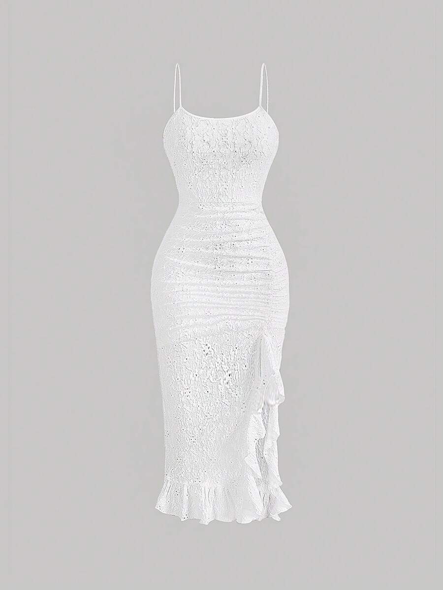 SHEIN MOD Ruched Ruffle Hem Schiffy Cami Dress,Flamenco Dress - White - View 1