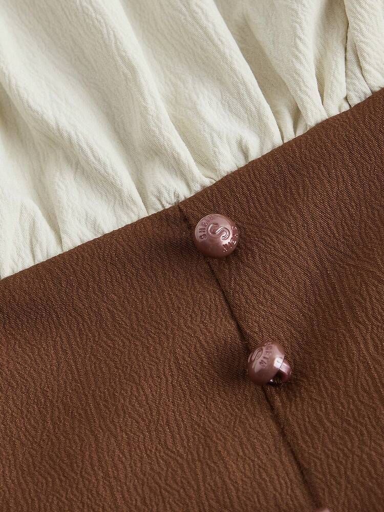 SHEIN MOD Vestido de maternidad con contraste de color en la cintura, mangas acampanadas, escote fruncido y lazo delantero, vestido de vendaje, vestido modesto, vestido de festival, vestido de té, vestido vintage, vestido de graduación - Multicolor - Añade 3