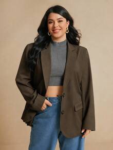 Elaquor Plus Size Women's Solid Color Lapel Collar Long Sleeve Single Button Casual Blazer Jacket, Autumn