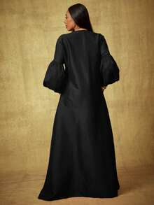 Vixey Solid Taffeta V Neck Drop Shoulder Puff Sleeve Flowy Maxi Dress - Black - View 2