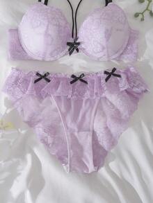 DelicateAllure Set de 2 sujetadores con aros y relleno, push up, con bloqueo de color, parches de encaje, volantes, encaje floral, lindo y fresco conjunto de lencería cómoda tipo balconette para mujeres - Púrpura malva - Ver 7