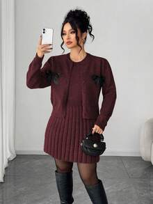 Elenzga Women's Elegant Sleeveless Dress With Long Sleeve Cardigan, Loose Fit Plus Size Knit Set, Outerwear Outfit, Winter Suit - Burgundy - View 3