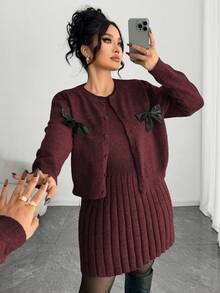Elenzga Women's Elegant Sleeveless Dress With Long Sleeve Cardigan, Loose Fit Plus Size Knit Set, Outerwear Outfit, Winter Suit - Burgundy - View 6