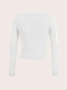 CovetEZ Women Casual Minimalist Crew Neck Long Sleeve Fitted Tee For Autumn Winter Suitable For Going Out - White - View 2