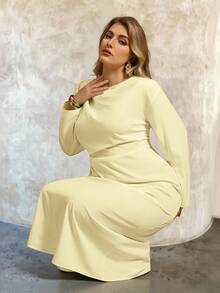 Auralis Asymmetric Irregular Fitted Commuter Elegant Minimalist Women Long Dress/Plus Size Women Autumn Spring Commuter Casual Outdoor Yellow Waist Flared Ruched Collar Design Long Dress, Suitable For Valentine's Day, Concert, Performance, Date, Formal Banquet, Prom, Wedding Season, Sexy, Elegant, Commuter, Back To School, Vacation, Beach, Romantic, Office Lady, Mermaid Style, Birthday Party, Valentine Outfits For Women - Yellow - View 1