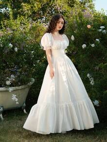 SHEIN MOD White Maxi Lace Ruffled Victorian Vintage Dress, Party Dress, Prom Dress, Exquisite Craftsmanship,White Graduation Dress