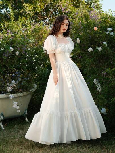 SHEIN MOD Váy Maxi Ren Trắng Xếp Nếp Phong Cách Victoria Cổ Điển, Váy Dự Tiệc, Váy Dạ Hội, Tay Nghề Thủ Công Tinh Tế