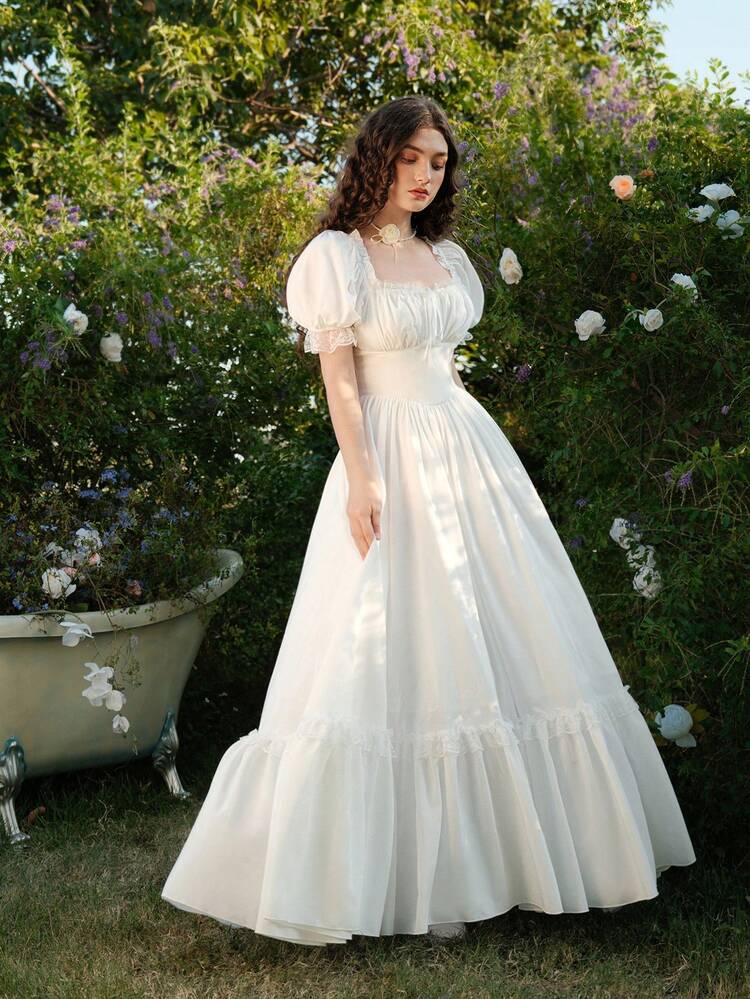 SHEIN MOD فستان ماكسي أبيض كبير الحجم من الأقمشة الدانتيل المبطن المكشكش بطراز فيكتوري، فستان حفلة، فستان سهرة، صنعة راقية - أبيض - مشاهدة 8