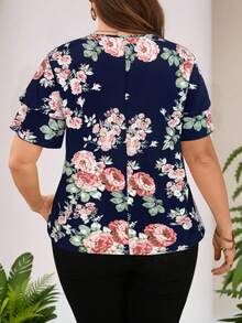 SHEIN Clasi 大码优雅度假风印花荷叶边短袖衬衫 - 藏蓝色 - 查看 2