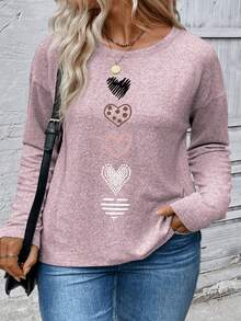EMERY ROSE 大码女式心形印花长袖圆领休闲T恤，秋冬 - 淺粉色 - 查看 3