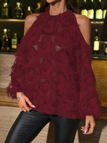 SHEIN Clasi 女士纯色休闲/办公露肩长袖简约纽扣衬衫 - 酒紅色 - 查看 5