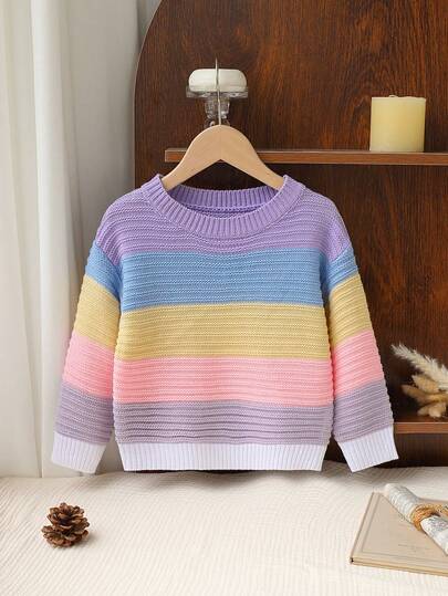 SHEIN Genkimix Kids Suéter holgado de cuello redondo con bloques de color casual para niña, suéteres de otoño/invierno para niñas, ropa de otoño e invierno para niños, suéter para niñas jóvenes, suéteres para niñas, ropa de niña de otoño e invierno, suéteres de punto para niñas, parte superior de punto para niñas, suéter para niñas de manga larga