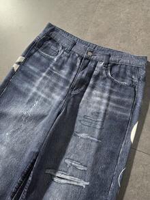 ROMWE MEN Anime Men's Letter & Skull Graphic Wide Leg Casual Jeans - Blue - View 6