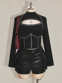 SHEIN ICON 大码女式白色撞色滚边黑色修身T恤 - 黑色 - 查看 1