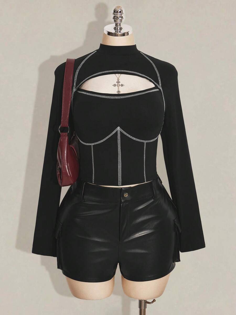 SHEIN ICON 大码女式白色撞色滚边黑色修身T恤 - 黑色 - 查看 1