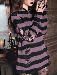 ROMWE Goth pull décontracté pour femmes à motif rayé bicolore déchiré, convient pour l'automne/l'hiver et Halloween - Multicolore - Voir 7