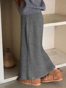 DAZY Rok Midi Rajut Panjang Kasual Warna Polos untuk Anak Perempuan Remaja, Musim Gugur/Dingin - Grey - View 2