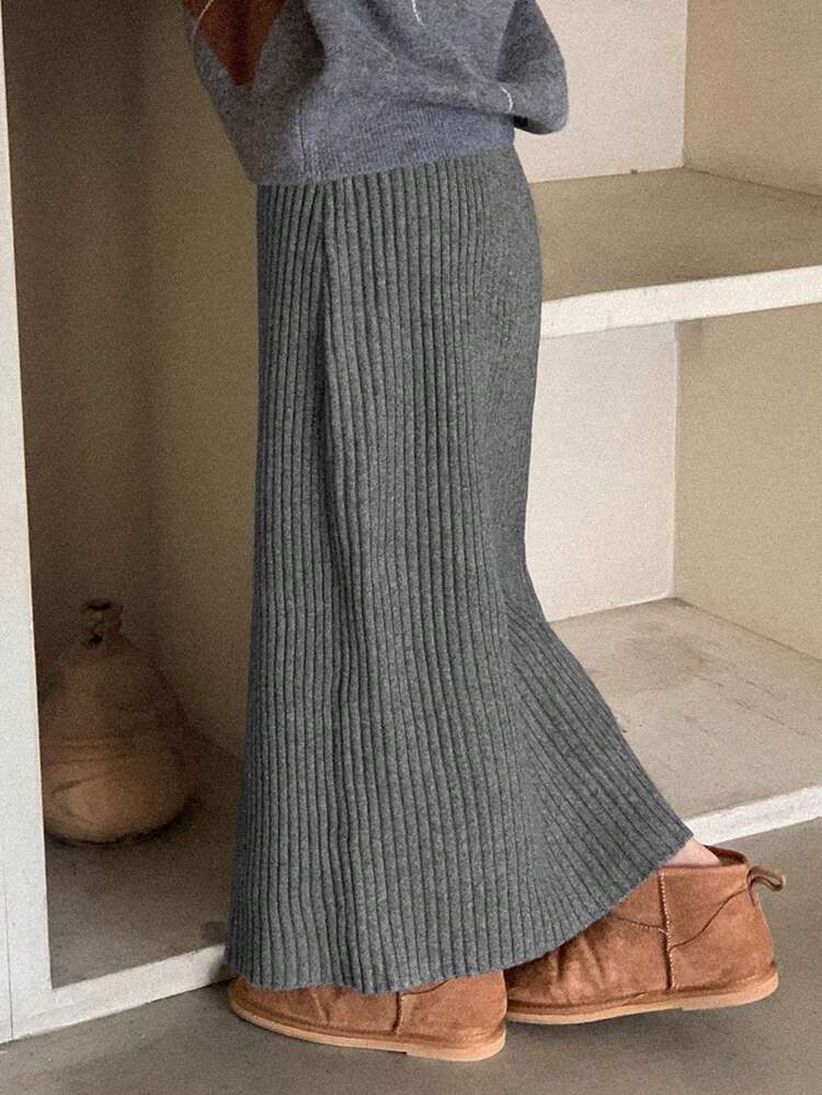 Tween Girl Solid Color Casual Long Knit Midi Skirt, Autumn/Winter