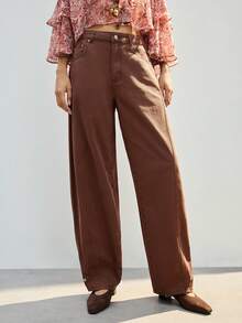 Maija Brown Wide-Leg Jeans, American Retro Casual Pants, Loose-Fitting Washed Cotton Curved Pants,Winter Banana Pants - Brown - View 3