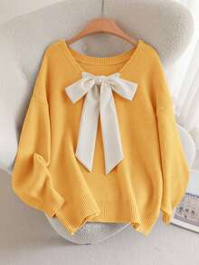 CosyJoli Suéter holgado de talla grande con cuello en V, lazo y espalda suelta - Amarillo - Ver 6