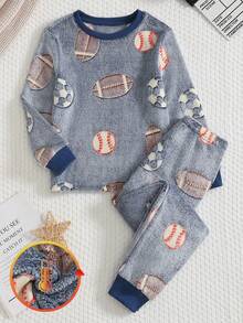 SHEIN 2pcs/Set Tween BoysAutumn/Winter Plush Thick Soft Football & Rugby Glow-In-The-Dark Pattern Casual Sports Sweatshirt And Pants Loungewear Set - Multicolor - View 1