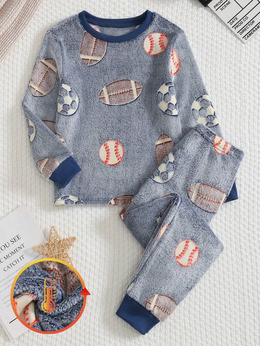 SHEIN 2pcs/Set Tween BoysAutumn/Winter Plush Thick Soft Football & Rugby Glow-In-The-Dark Pattern Casual Sports Sweatshirt And Pants Loungewear Set - Multicolor - View 1