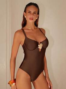 Swim Chiccia Elegant Brown Sleeveless Spaghetti Strap One-Piece Bikini Swimsuit With Criss Cross Detail - Brown - View 4