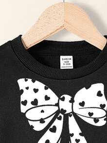 Baby Girl Casual Cartoon Pattern Crew Neck Sweatshirt Thick Set, Suitable For Autumn/Winter, Classic Cute Cartoon Heart & Bow Print - Black - View 5