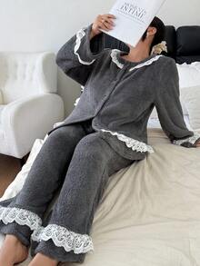 Dream Adore 2pcs Plus Size Flannel Lace Decor Long Sleeve Pajama Set, Fluffy Winter Clothes - Grey - View 1